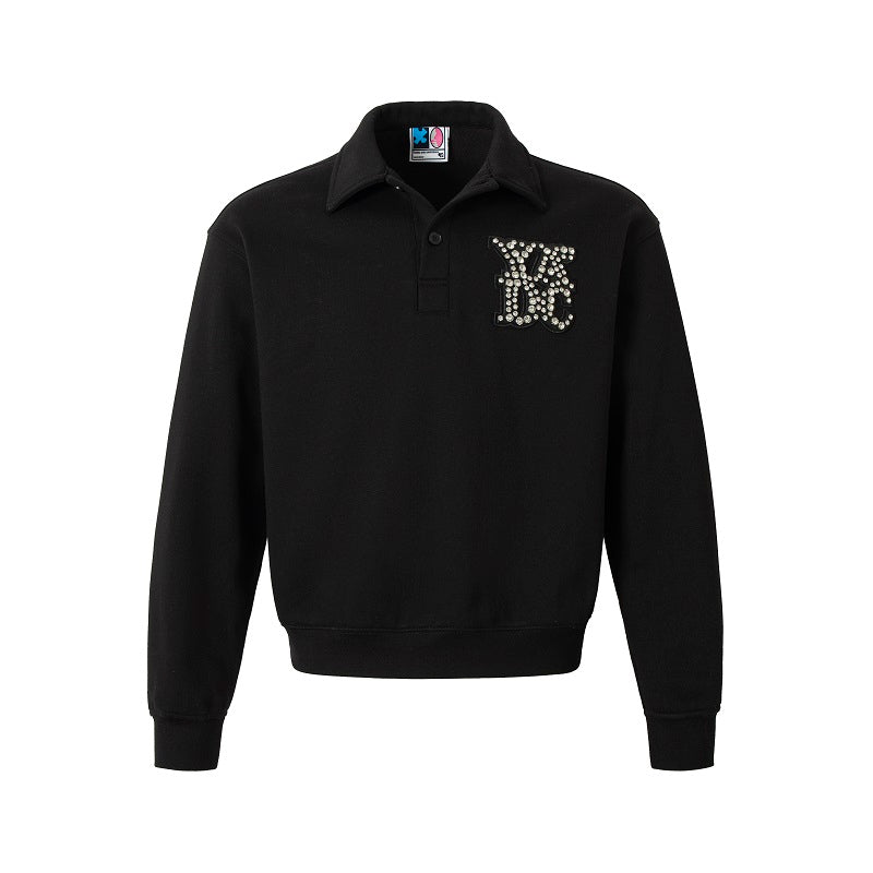 YADcrew Diamond-Studded Leather Logo Polo Sweatshirt | Face 3 Face