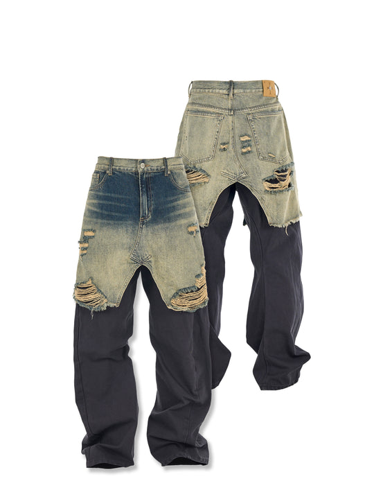 STEEPC Layered Design Washed Distressed Baggy Jeans | Face 3 Face