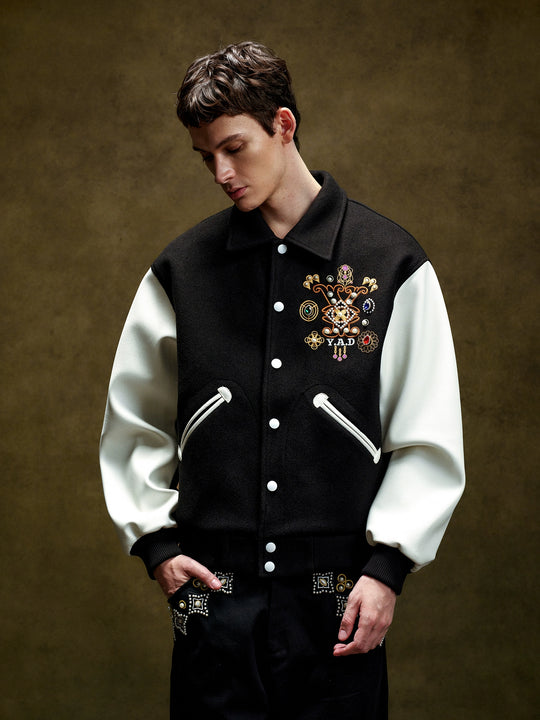 YADcrew Colorful Gemstone Cross Varsity Jacket | Face 3 Face