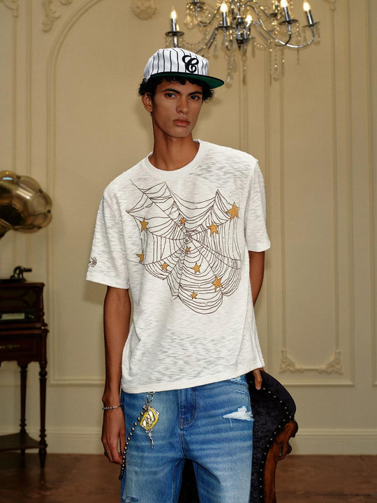 YADcrew Pearl Studded Star Spider Web Print Tee | Face 3 Face