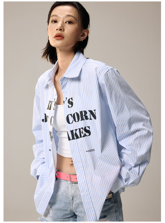 Remedy Letter Print Striped Long Sleeve Shirt | Face 3 Face