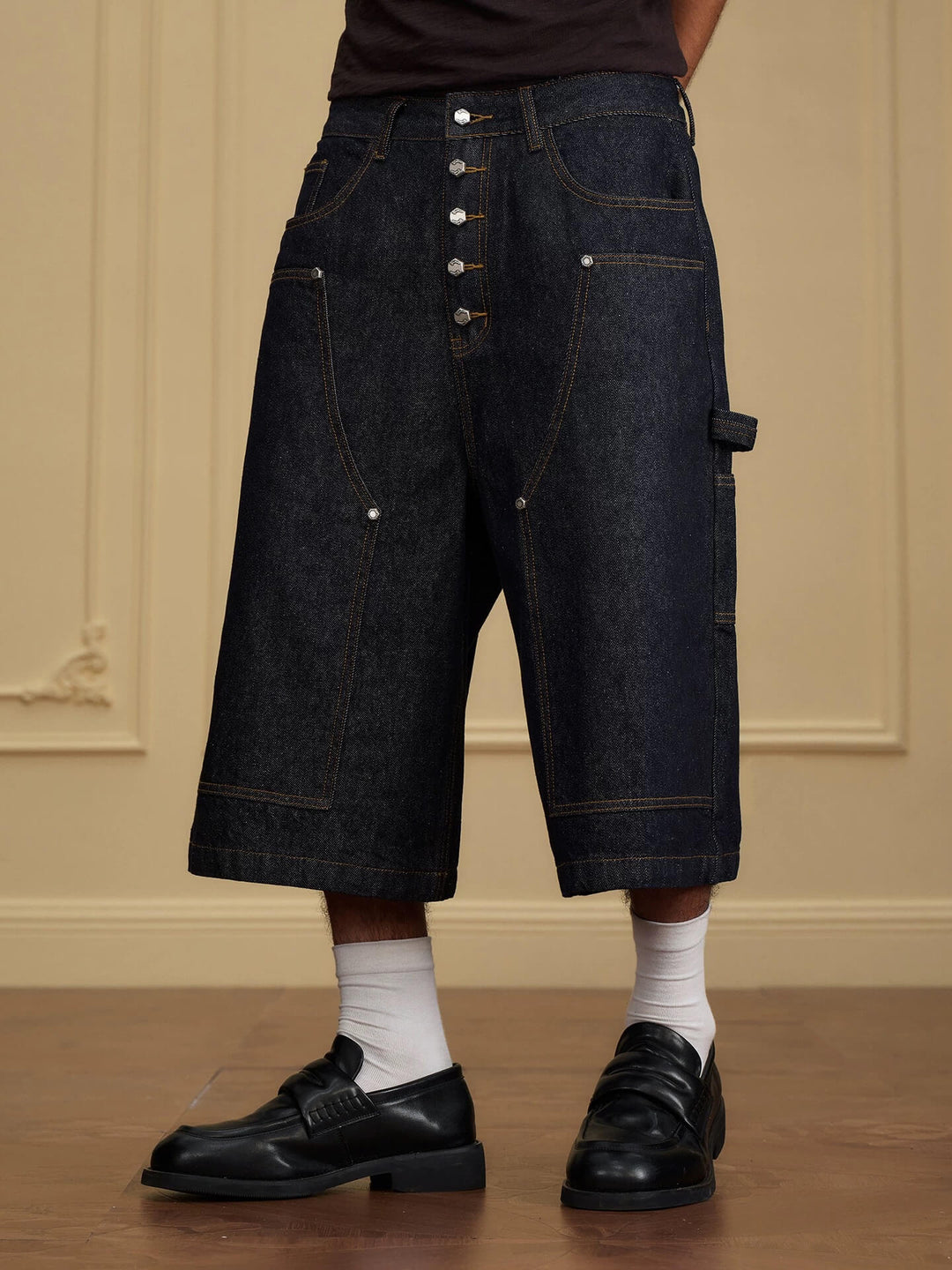YADcrew Double Knee Denim Baggy Below Knee Shorts | Face 3 Face
