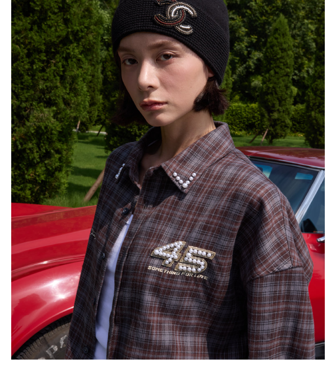 S45 Pearl Lapel Logo Plaid Long Sleeve Shirt | Face 3 Face