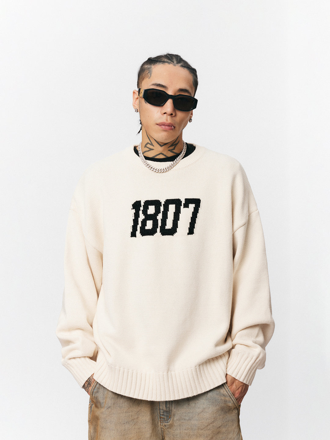 1807 Chenille Logo Jacquard Knit Sweater  | Face 3 Face