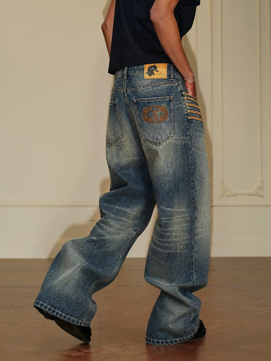 YADcrew Braid Embroidered Washed Loose Fit Jeans | Face 3 Face