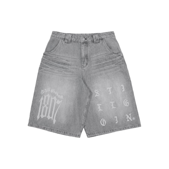 1807 Gothic Letter Print Washed Denim Baggy Shorts | Face 3 Face