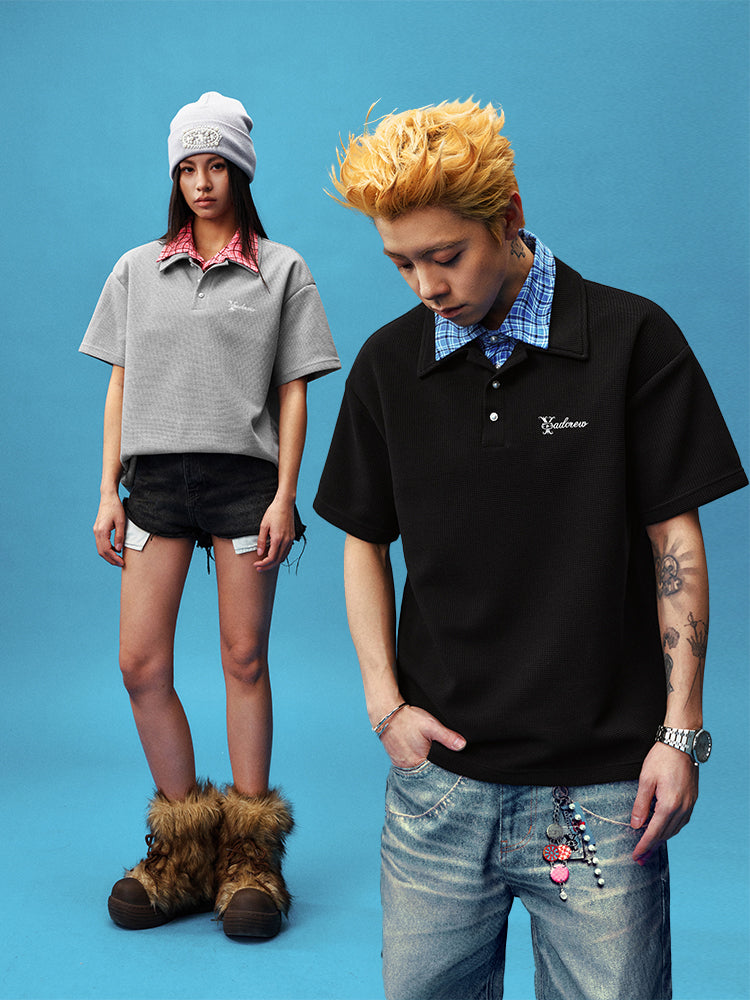 YADcrew Double Collar Layered Twisted Plaid Polo | Face 3 Face