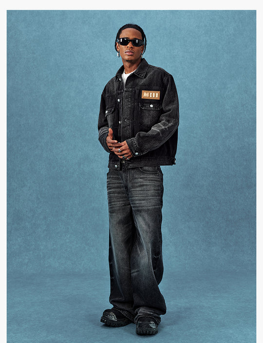 MEDM Leather Logo Washed 2nd-Type Denim Jacket | Face 3 Face