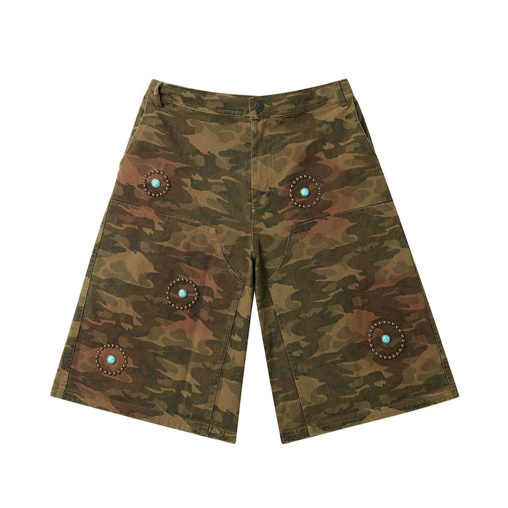 JHYQ Washed Camouflage Turquoise Studded Shorts | Face 3 Face