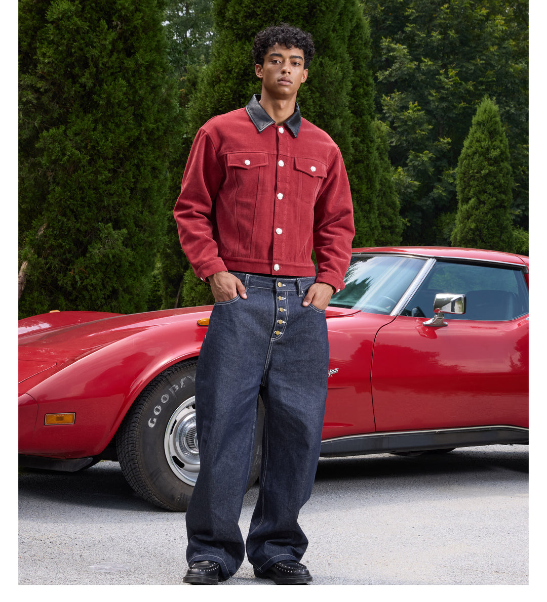 S45 Flocking Denim Pearl Button Leather Lapel Short Jacket | Face 3 Face