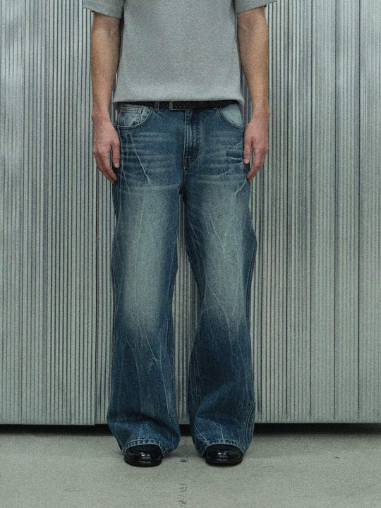 S45 Lightning Crack Wash Distressed Slight Flare Jeans | Face 3 Face