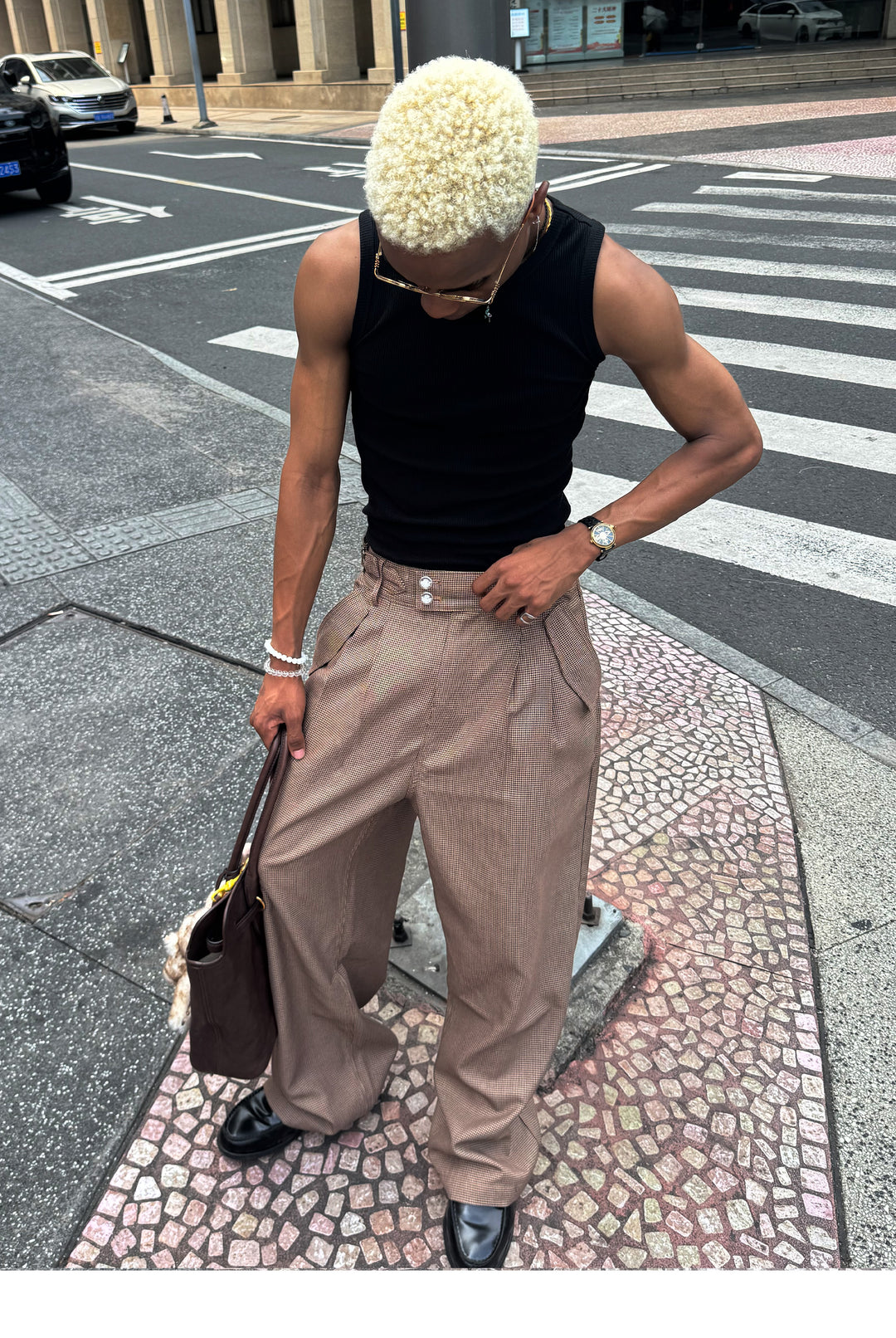 STEEPC Houndstooth Tucked Baggy Suit Pants | Face 3 Face