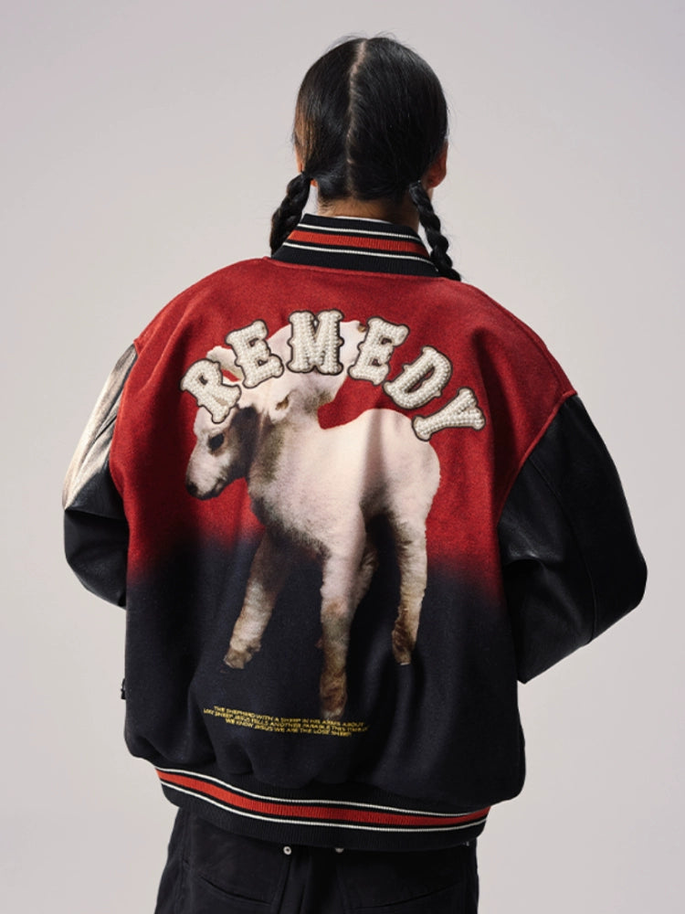 Remedy Sheep Full Print Pearl Embroidered Varsity Jacket | Face 3 Face