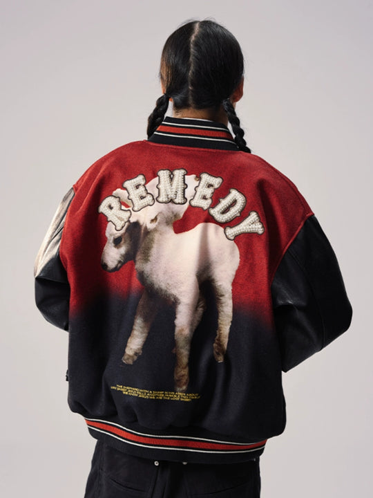 Remedy Sheep Full Print Pearl Embroidered Varsity Jacket | Face 3 Face