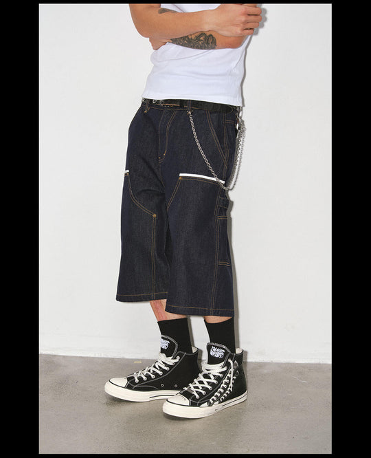 NOVACAM White Accent Line Double Knee Baggy Denim Shorts | Face 3 Face