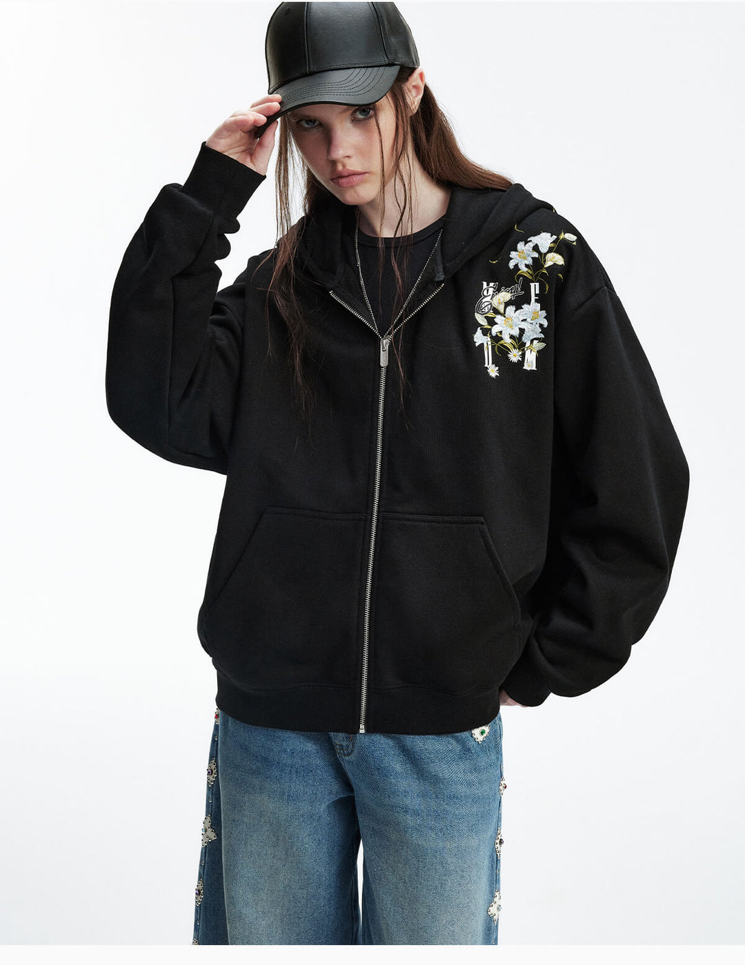 MEDM Rose Embroidered Zip Up Hoodie | Face 3 Face