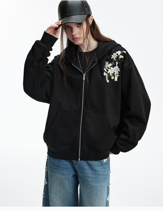 MEDM Rose Embroidered Zip Up Hoodie | Face 3 Face