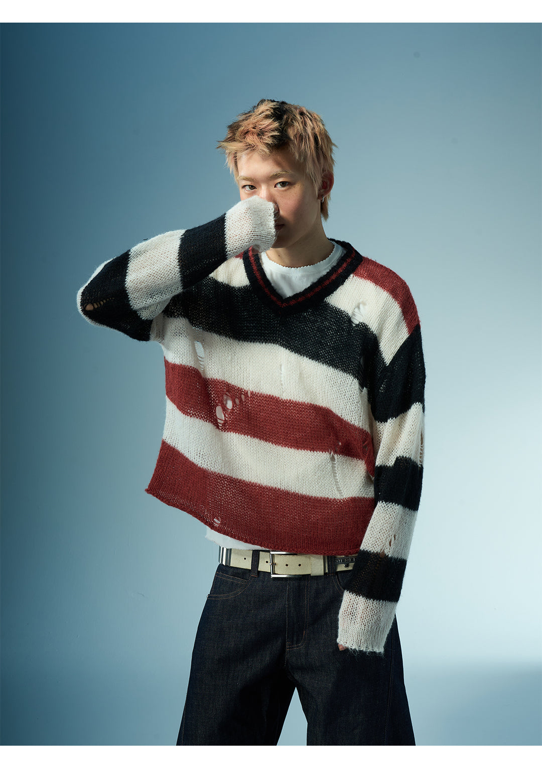 EVILKNIGHT(EK) Striped Colorblocking Distressed V-Neck Knit Sweater | Face 3 Face