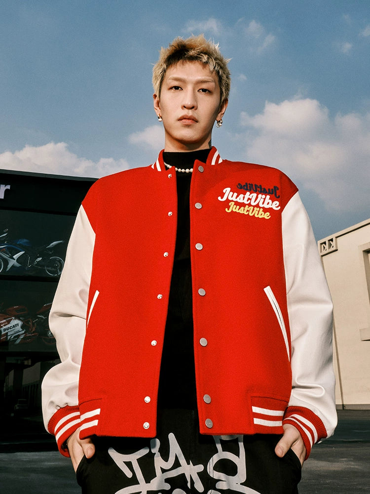 JUST VIBE Terry Multicolor Logo PU Leather Varsity Jacket | Face 3 Face