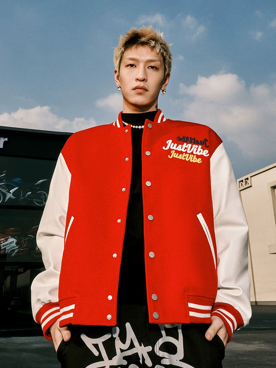 JUST VIBE Terry Multicolor Logo PU Leather Varsity Jacket | Face 3 Face