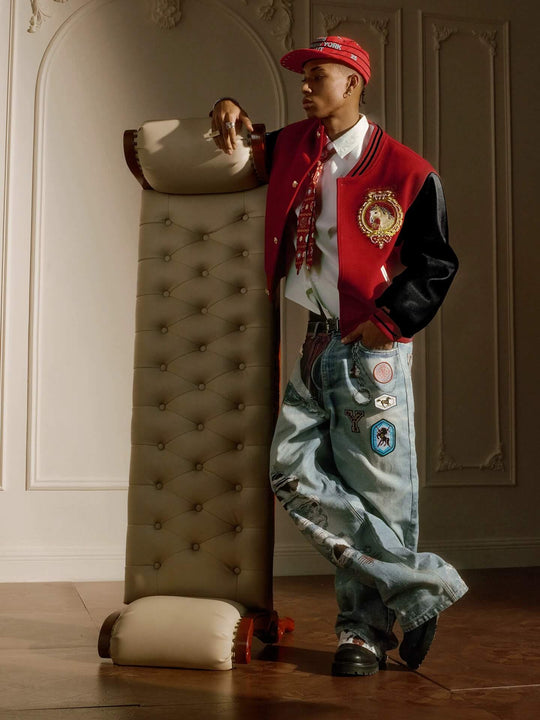 YADcrew Horse Sequin Pearl Embroidered Varsity Jacket | Face 3 Face