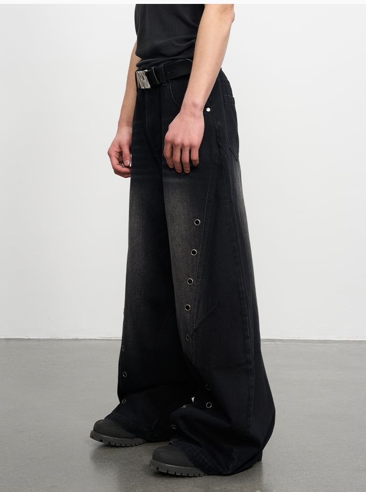 AFGK Metal Grommet Patchwork Washed Baggy Jeans | Face 3 Face