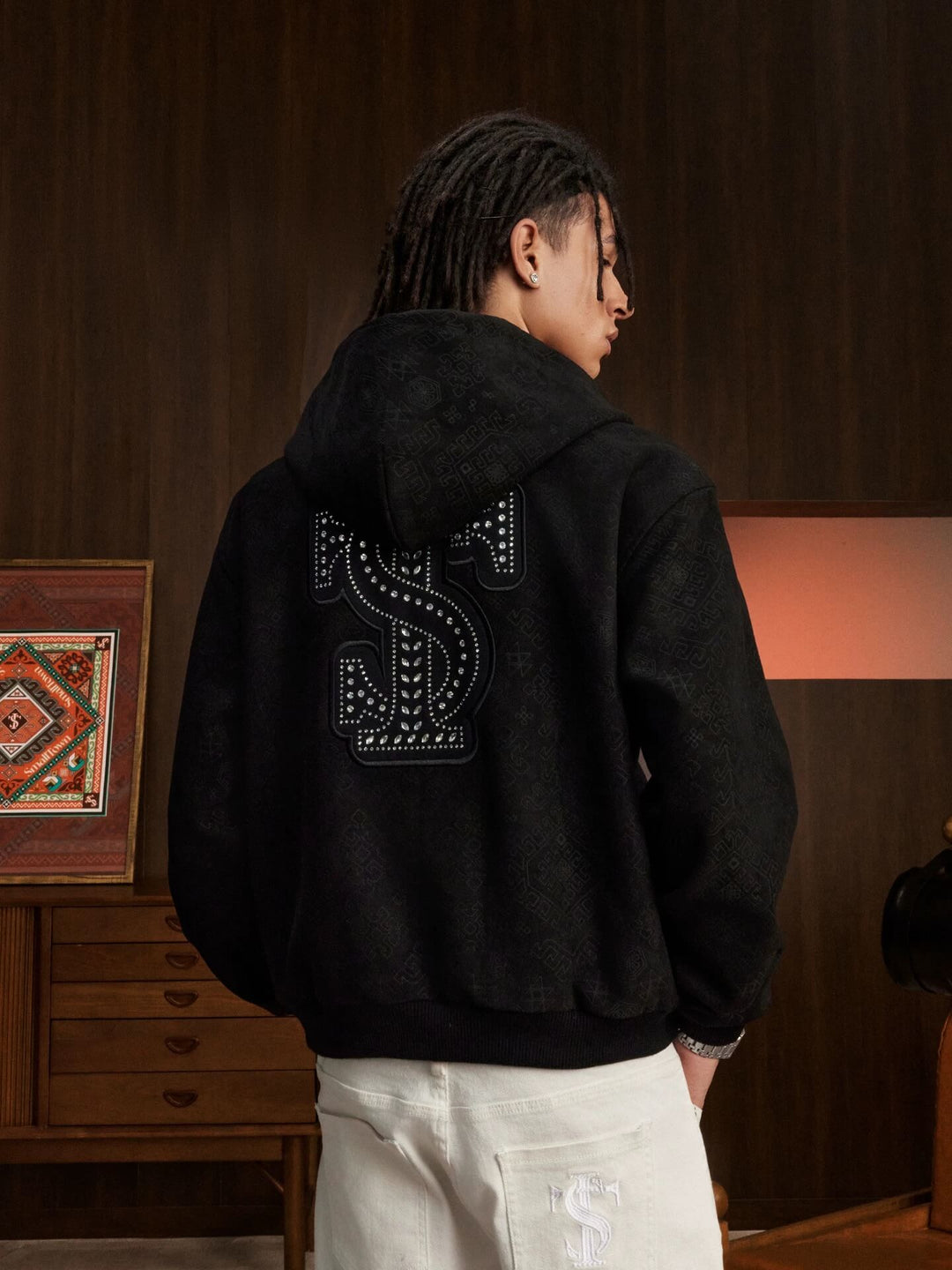 Small Town Kid Faux Suede Rhinestone Logo Patch Zip Up Hooded Jacket | Face 3 Face