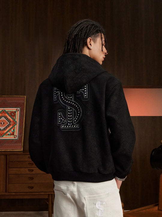 Small Town Kid Faux Suede Rhinestone Logo Patch Zip Up Hooded Jacket | Face 3 Face