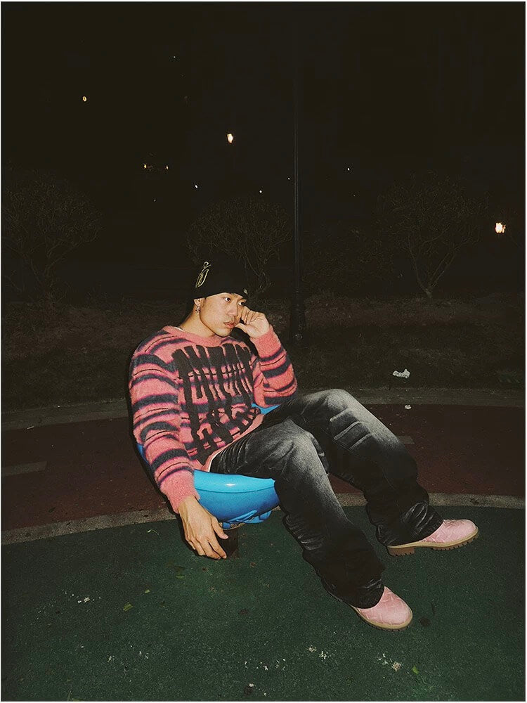 EVETS Logo Striped Fuzzy Knit Sweater | Face 3 Face