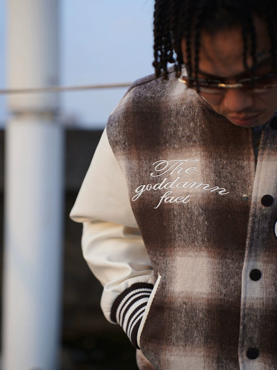 TGFCLUB Embroidered Plaid PU Leather Varsity Jacket | Face 3 Face