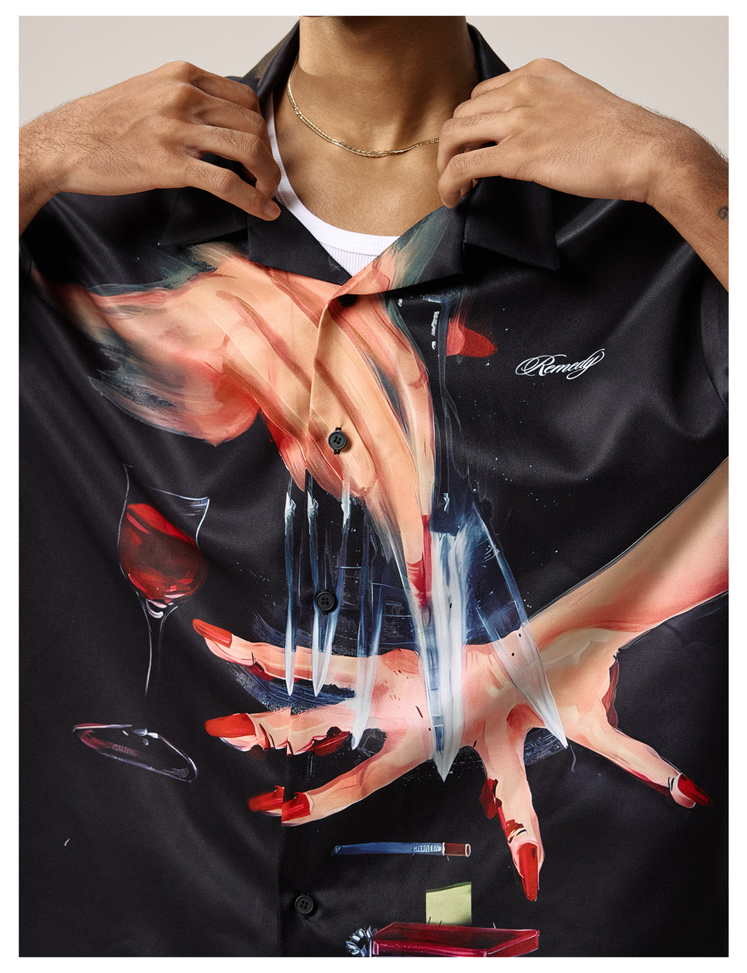 Remedy Finger and Wine Glass Full Print Short Sleeve Cuban Shirt | Face 3 Face