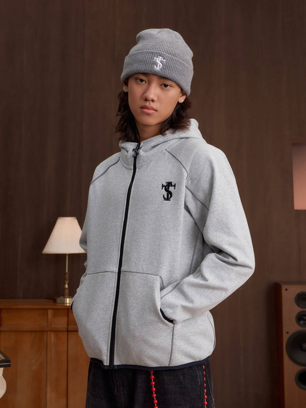 Small Town Kid Reflective Accent Line Zip Up Hoodie
