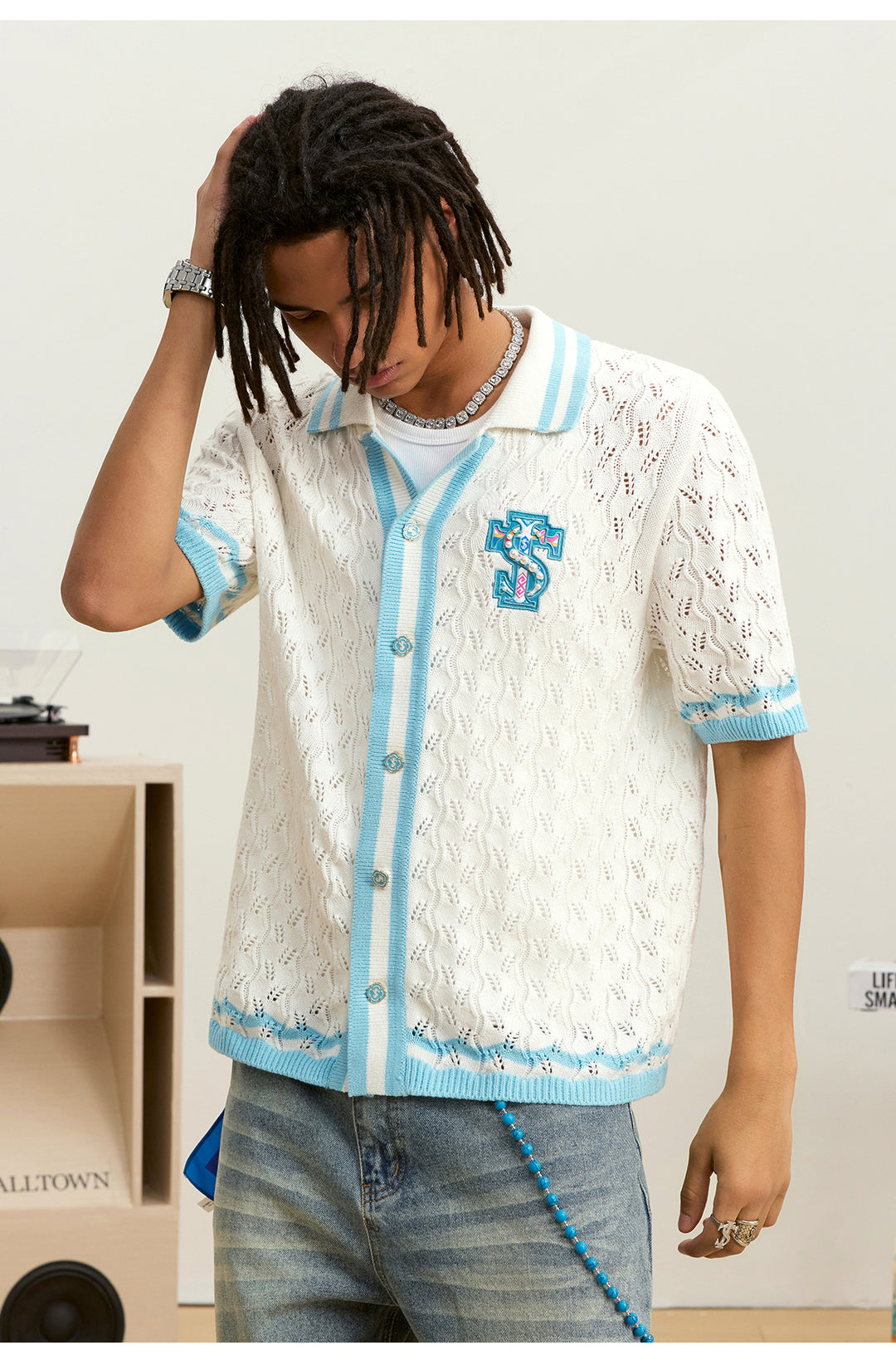 Small Town Kid Ethnic Logo Patch Crochet Knit Hawaiian Shirt | Face 3 Face