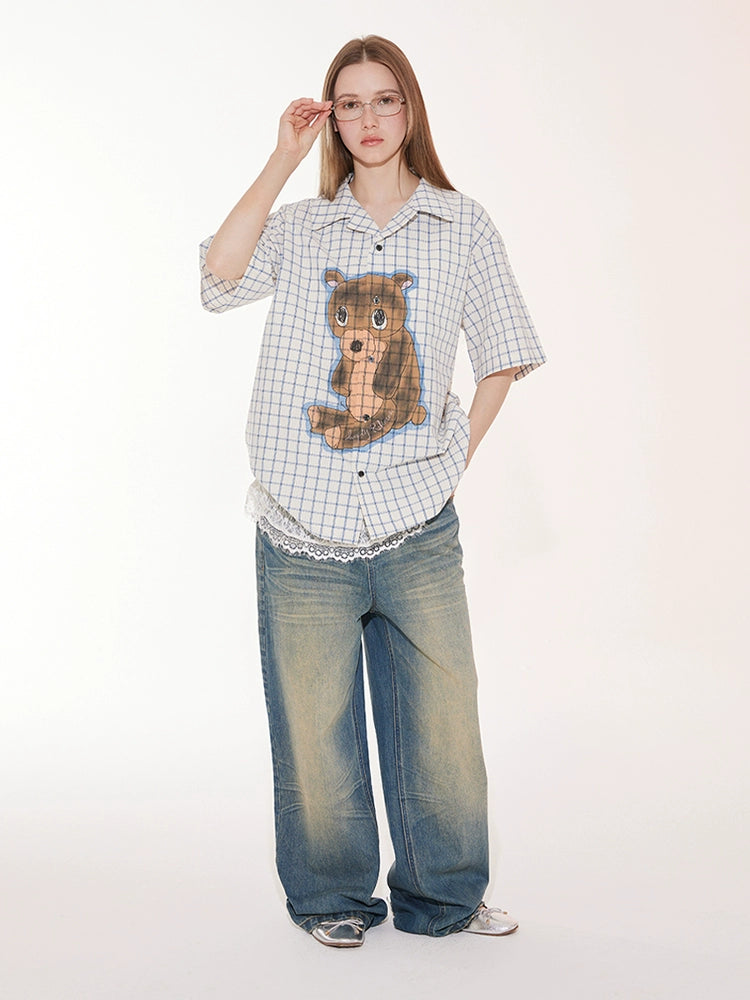 EMPTY REFERENCE Hand Painted Bear Print Plaid Short Sleeve Shirt | Face 3 Face