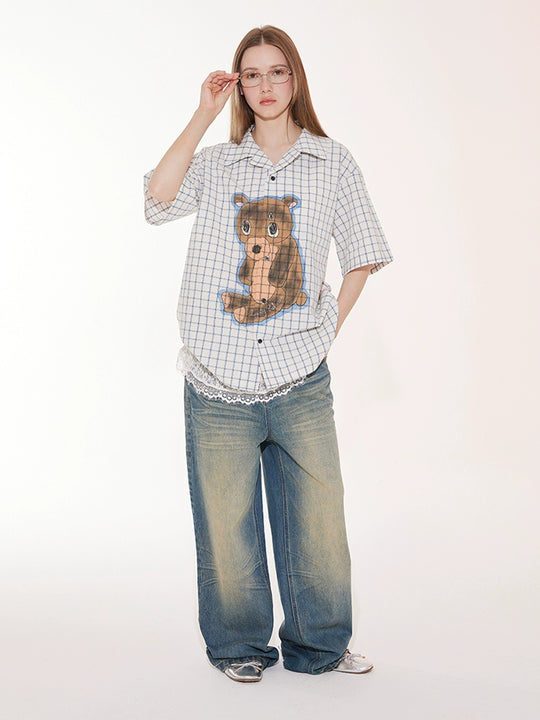 EMPTY REFERENCE Hand Painted Bear Print Plaid Short Sleeve Shirt | Face 3 Face