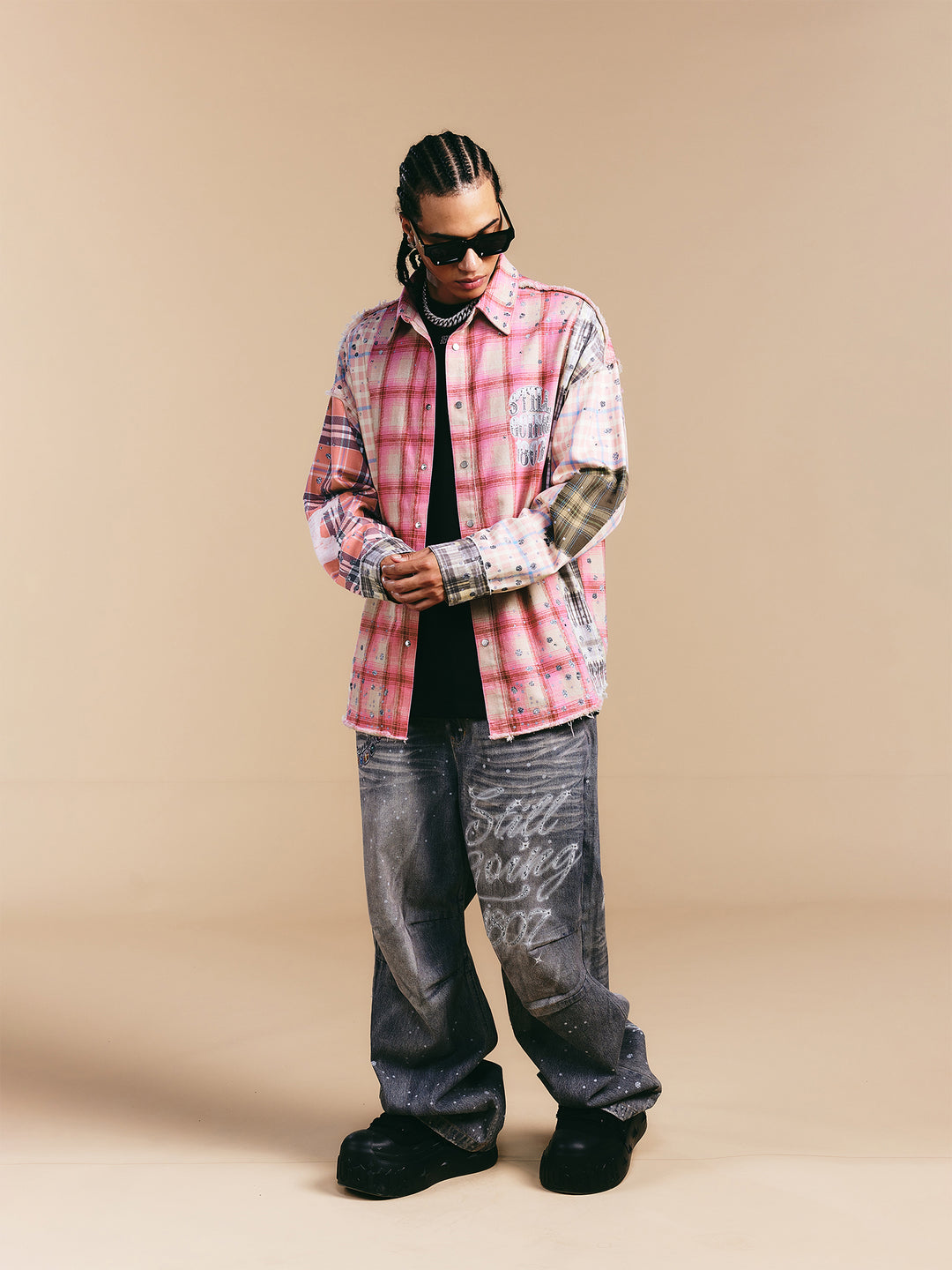 1807 Swarovski Crystal Diamond Plaid Long Sleeve Shirt | Face 3 Face