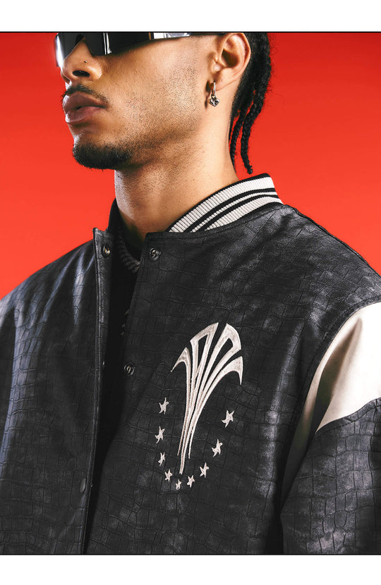 1807 In Here Crocodile PU Leather Varsity Jacket | Face 3 Face