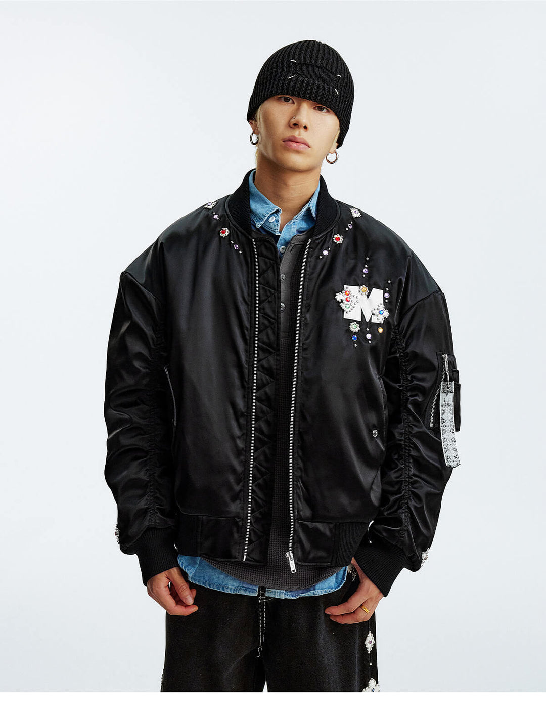 MEDM Gemstone Studded Leather Patch MA-1 Bomber Jacket | Face 3 Face