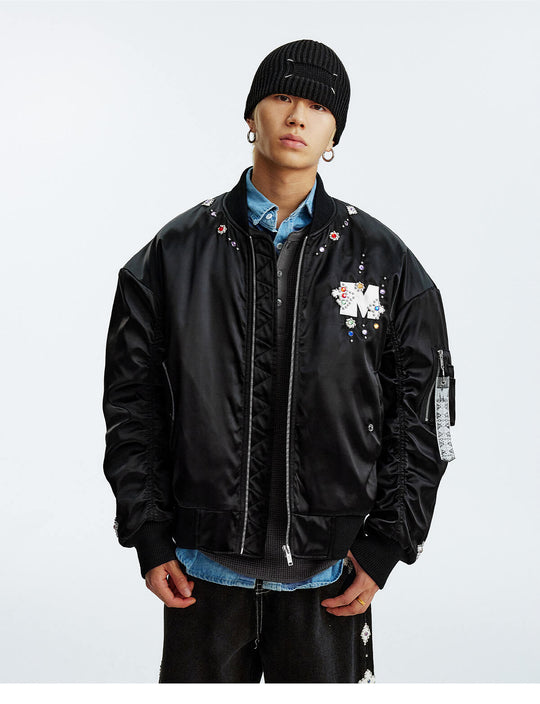 MEDM Gemstone Studded Leather Patch MA-1 Bomber Jacket | Face 3 Face