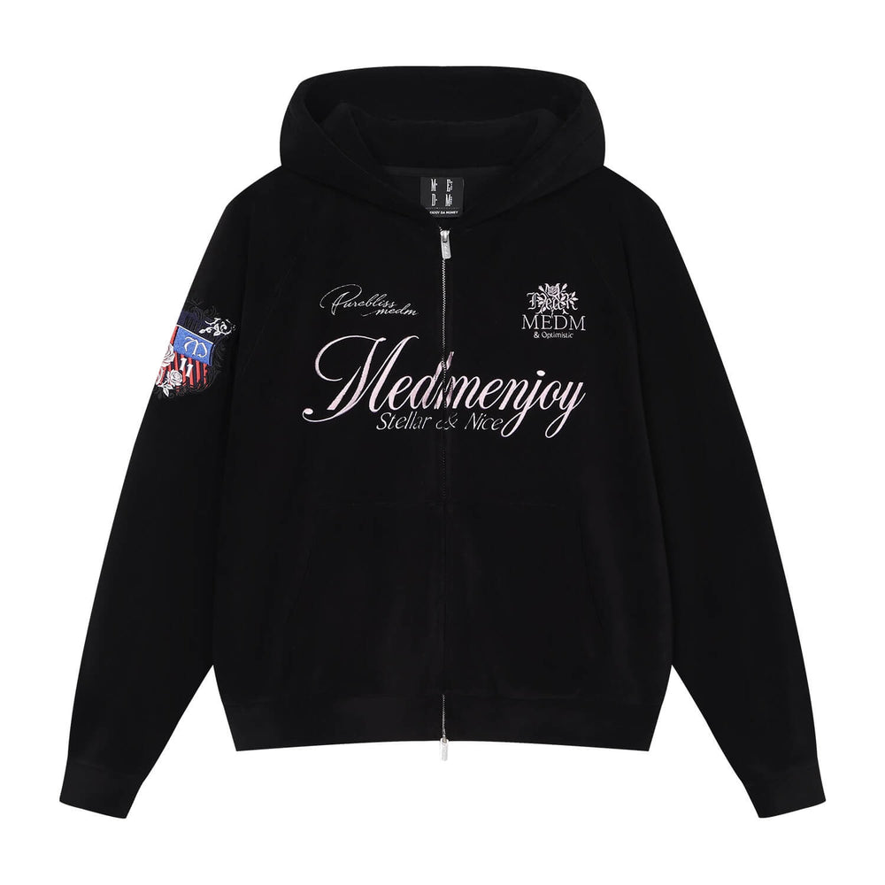 MEDM Rose Embroidered Patch Zip Up Fleece Hoodie | Face 3 Face