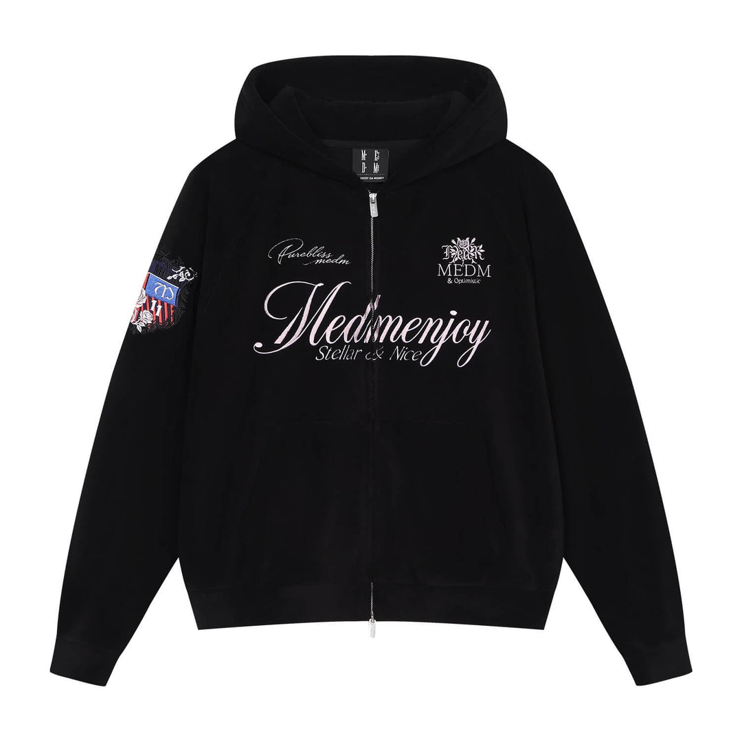 MEDM Rose Embroidered Patch Zip Up Fleece Hoodie | Face 3 Face
