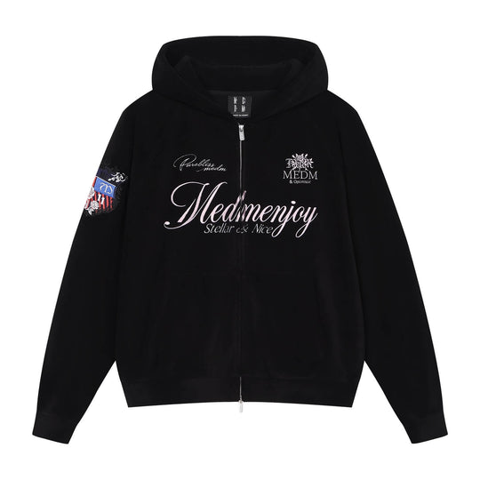 MEDM Rose Embroidered Patch Zip Up Fleece Hoodie | Face 3 Face