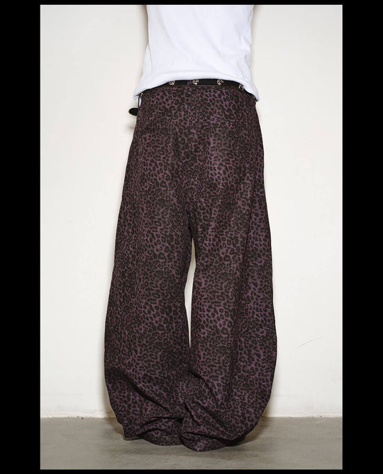 NOVACAM Purple Leopard Print Curved Baggy Pants | Face 3 Face