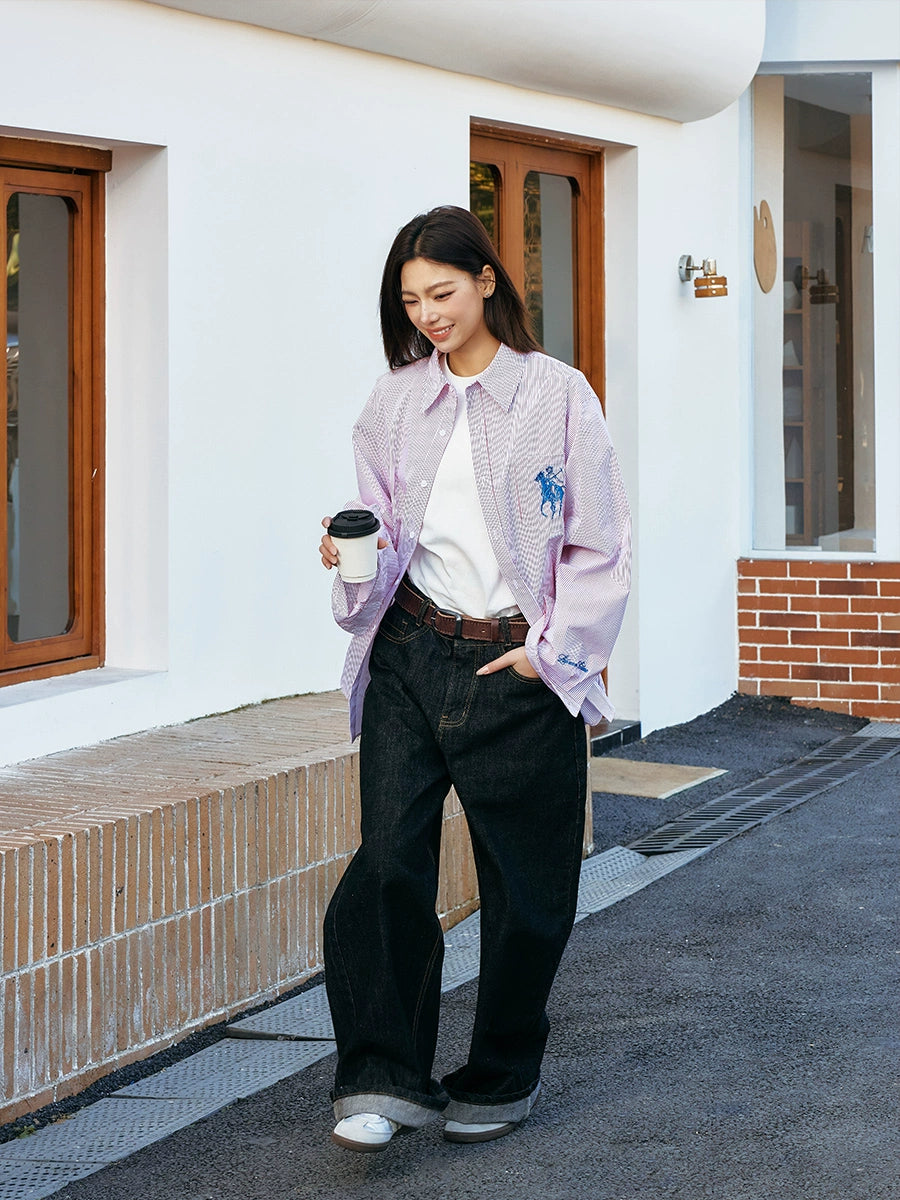 Harsh and Cruel Vintage Embroidered Striped Loose Long Sleeve Shirt | Face 3 Face