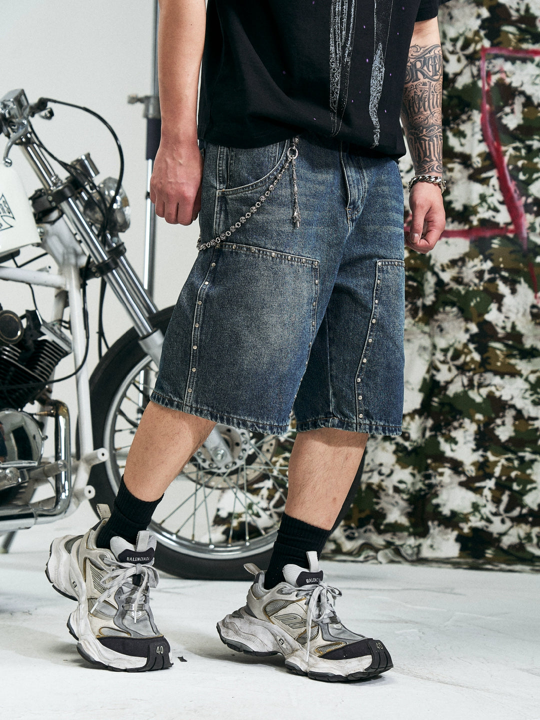 RUSURE Crash Studded Double Knee Denim Shorts | Face 3 Face