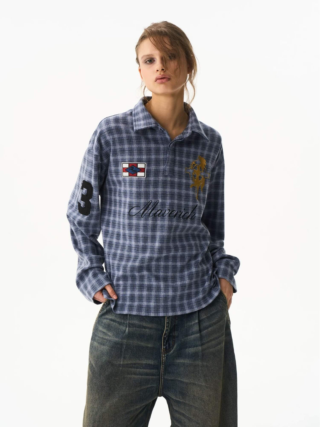 EXITMODE BY BLIND NO PLAN Checkered Emblem Patch Long Sleeve Polo Shirt | Face 3 Face