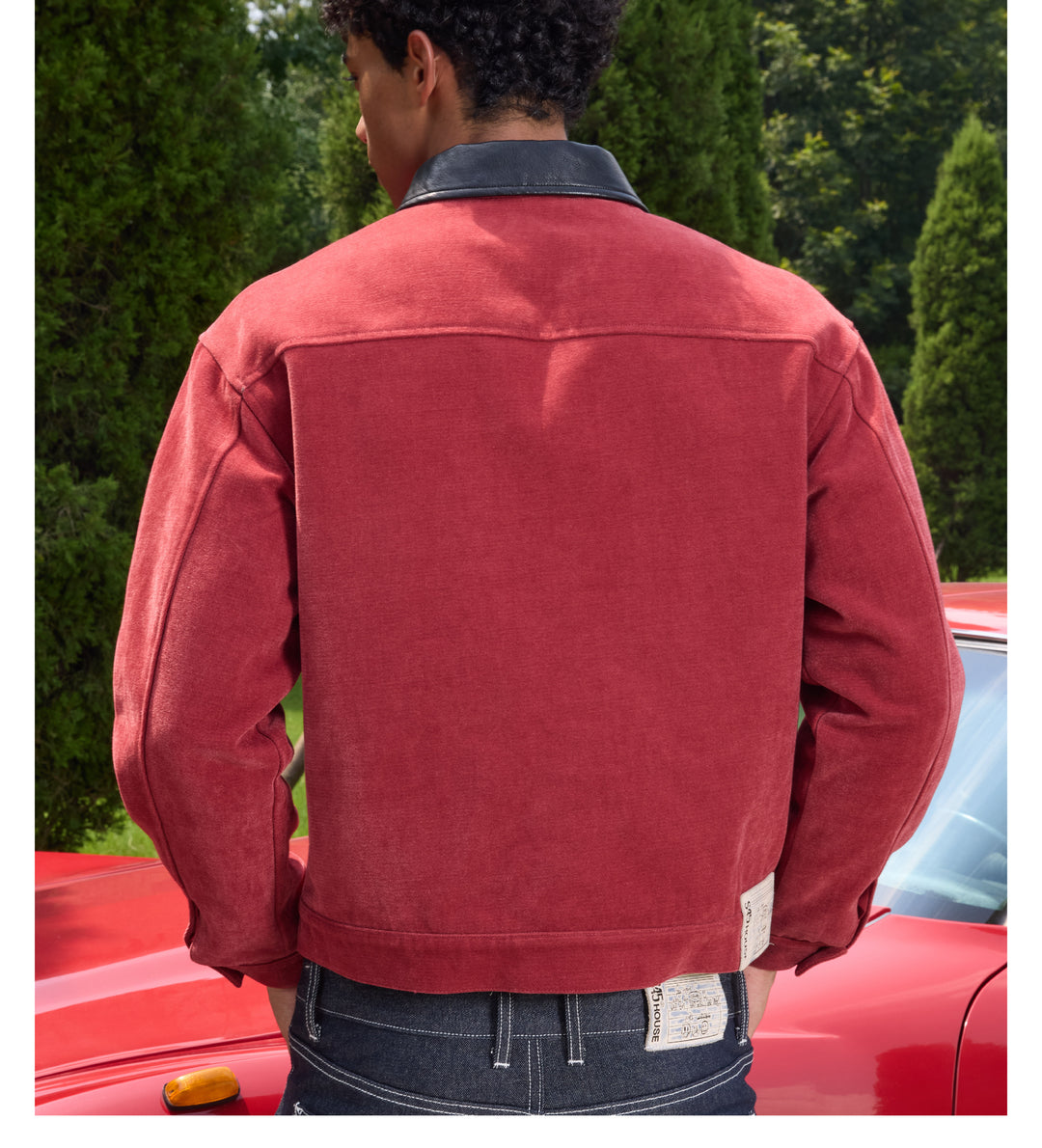 S45 Flocking Denim Pearl Button Leather Lapel Short Jacket | Face 3 Face