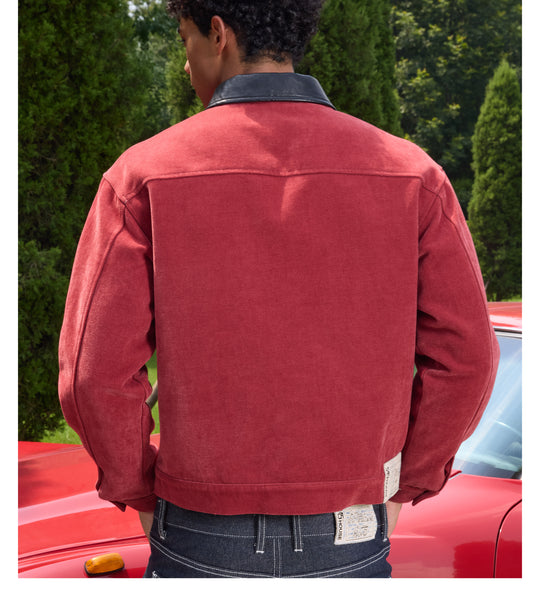 S45 Flocking Denim Pearl Button Leather Lapel Short Jacket | Face 3 Face