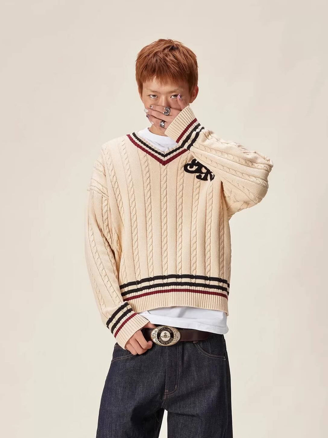 EVILKNIGHT(EK) Logo Cable Knit V Neck Sweater | Face 3 Face