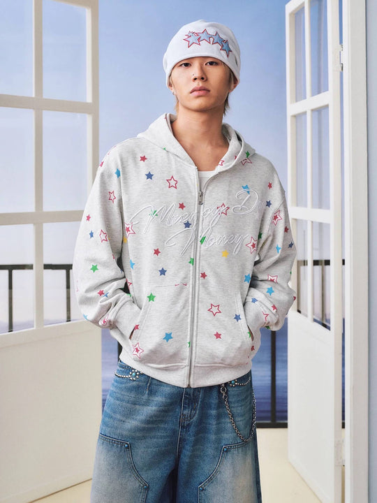 MEDM All Over Colorful Star Print Zip Up Hoodie | Face 3 Face